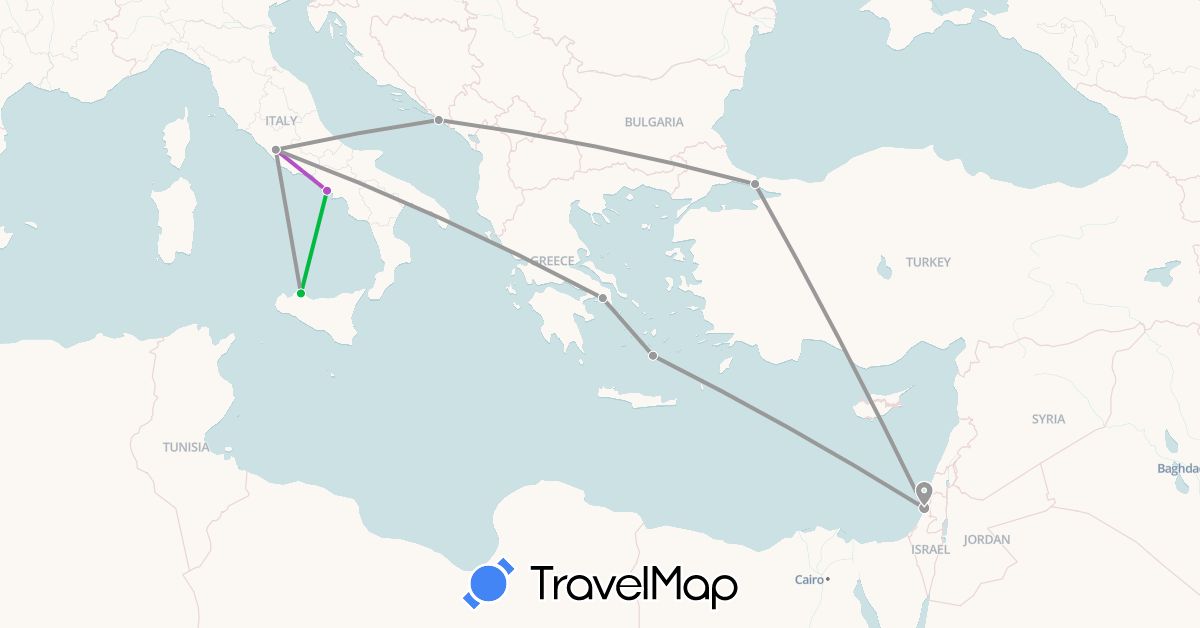 TravelMap itinerary: driving, bus, plane, train in Greece, Croatia, Israel, Italy, Turkey (Asia, Europe)